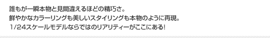 誰もが一瞬本物と見間違えるほどの精巧さ。鮮やかなカラーリングも美しいスタイリングも本物のように再現。1/24スケールモデルならではのリアリティーがここにある！