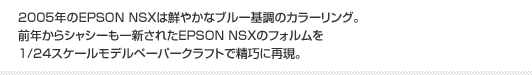 2005年のEPSON NSXは鮮やかなブルー基調のカラーリング。前年からシャシーも一新されたEPSON NSXのフォルムを1/24スケールモデルペーパークラフトで精巧に再現。