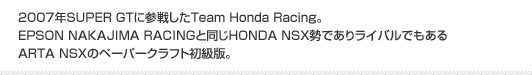 2007 ARTA NSX　2007年SUPER GTに参戦したTeam Honda Racing。EPSON NAKAJIMA RACINGと同じHONDA NSX勢でありライバルでもあるARTA NSXのペーパークラフト初級版。