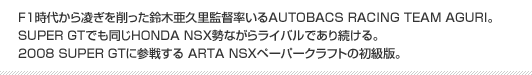F1時代から凌ぎを削った鈴木亜久里監督率いるAUTOBACS RACING TEAM AGURI。SUPER GTでも同じHONDA NSX勢ながらライバルであり続ける。2008 SUPER GTに参戦する ARTA NSXペーパークラフトの初級版。