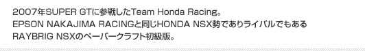 2007 RAYBRIG NSX　2007年SUPER GTに参戦したTeam Honda Racing。EPSON NAKAJIMA RACINGと同じHONDA NSX勢でありライバルでもあるRAYBRIG NSXのペーパークラフト初級版。