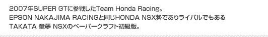 2007年SUPER GTに参戦したTeam Honda Racing。EPSON NAKAJIMA RACINGと同じHONDA NSX勢でありライバルでもあるTAKATA 童夢 NSXのペーパークラフト初級版。