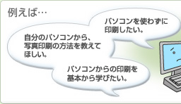 例えば…　パソコンを使わずに印刷したい。　自分のパソコンから、写真印刷の方法を教えてほしい。　パソコンからの印刷を基本から学びたい。