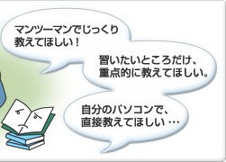 「マンツーマンでじっくり教えてほしい！」「習いたいところだけ、重点的に教えてほしい。」「自分のパソコンで、直接教えてほしい・・・」