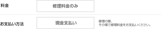 料金:修理料金、お支払い方法:現金払い
