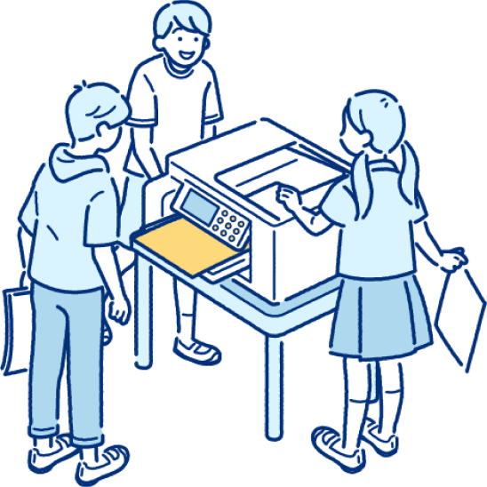 教室やフロアーなど、子供たちの身近な場所にインクジェット複合機を設置することで、GIGAスクール構想で導入された1人1台端末からの印刷が可能に。