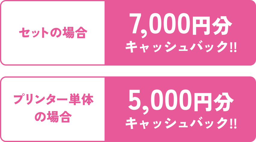 セットの場合7000円分キャッシュバック!プリンター単体の場合5000円分キャッシュバック!