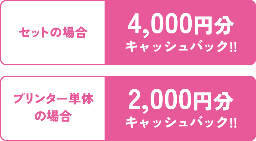 セットの場合4000円分キャッシュバック!プリンター単体の場合2000円分キャッシュバック!