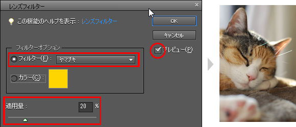 (1)「フィルタ」メニュー →「色調補正」→「レンズフィルタ」を選択する