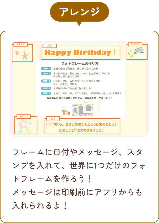 アレンジ フレームに日付やメッセージ、スタンプを入れて、世界に1つだけのフォトフレームを作ろう！メッセージは印刷前にアプリからも入れられるよ！