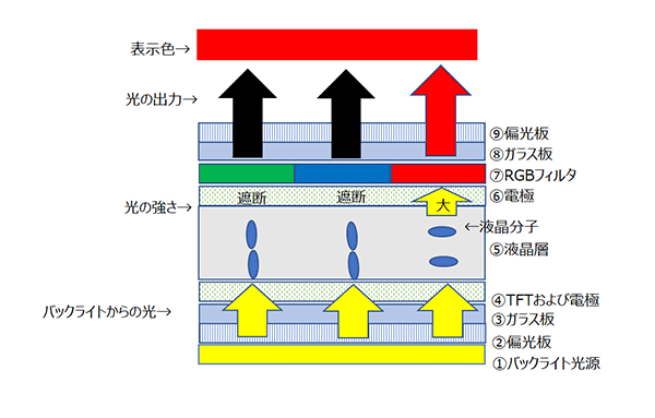 TFT液晶ディスプレイの断面図と表示のしくみ②　赤色表示の場合