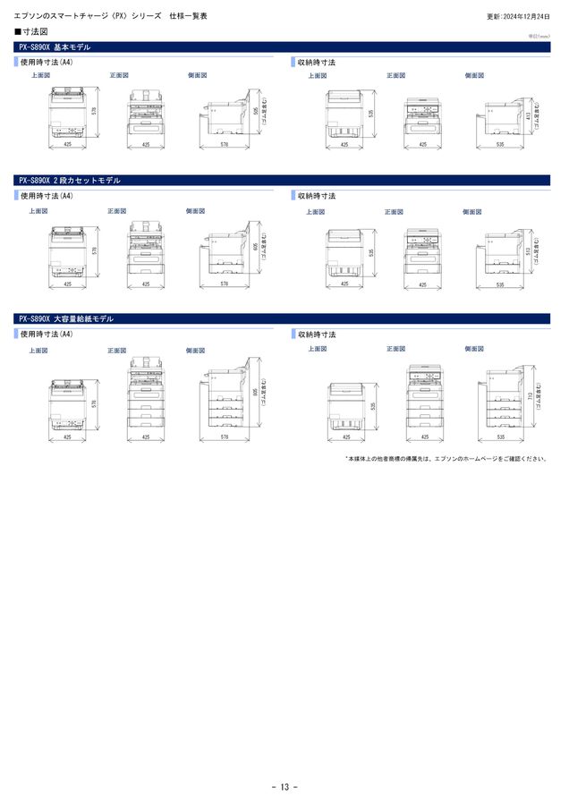 PXシリーズカタログ別紙_製品仕様一覧