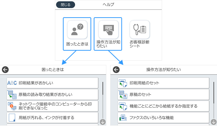 プリンター本体からヘルプガイダンスを読みだせます。