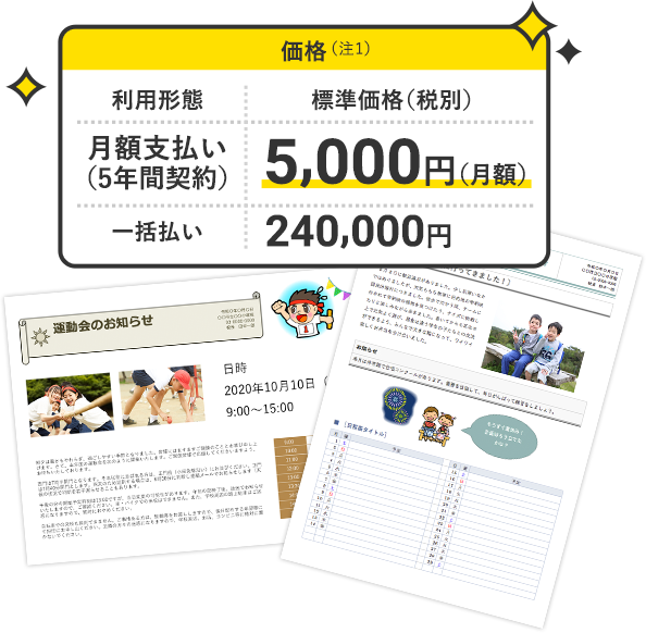 価格（注1）月額支払い(5年間契約)：5,000円(月額)　一括払い：240,000円