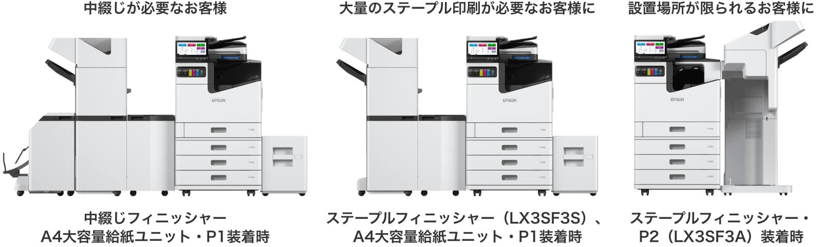 中綴じが必要なお客様 中綴じフィニッシャー大容量給紙ユニット装着時 大量のステープル印刷が必要なお客様に ステープルフィニッシャー（LX3SF1S）、大容量給紙ユニット装着時 設置場所が限られるお客様に　ステープルフィニッシャー・P2（LX3SF2）装着時 イメージ