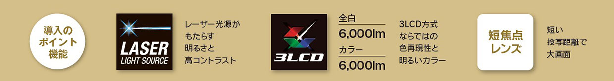 導入のポイント機能 レーザー光源がもたらす明るさと高コントラスト 3LCD方式ならではの色再現性と明るいカラー 短い投写距離で大画面