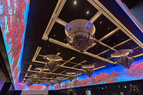 ホールの壁面上部への360度プロジェクションマッピングは、最大約300人のキャパシティーを持つホール全体の雰囲気作りに役立っている。