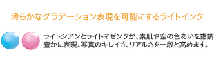 滑らかなグラデーション表現を可能にするライトインク ライトシアンとライトマゼンタが、素肌や空の色あいを調整、豊かに表現。写真のキレイさリアルさを一段と高めます。