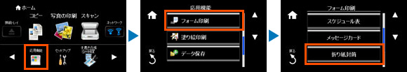 メモリーカードをセットし、［応用機能］を選択します。［▲］［▼］で画面をスクロールして、［フォーム印刷］を選択し［折り紙封筒］を選択します。