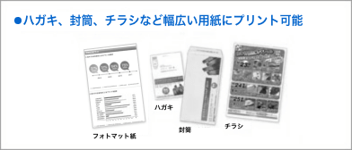 ハガキ、封筒、チラシなど幅広い用紙にプリント可能