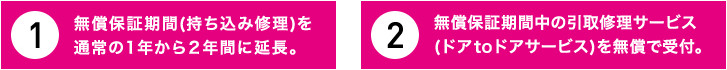 1.無償保証期間 (持ち込み修理)を通常の1年から2年間に延長。2.無償保証期間中の引取修理サービス(ドアtoドアサービス) を無償で受付。