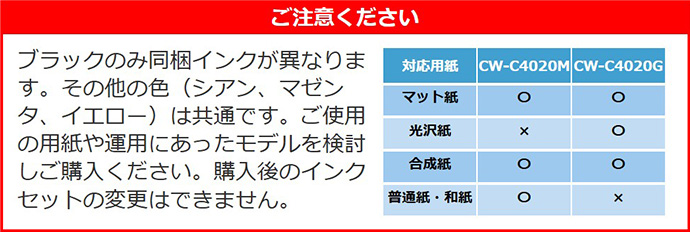 ご注意ください ブラックのみ同梱インクが異なります。その他の色（シアン、マセンダ、 イエロー）は共通です。ご使用の用紙や運用にあったモデルを検討しご購入ください。購入後のインクセットの変更はできません。
