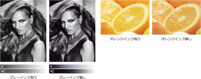 グレーインク有り・無し、オレンジインク有り・無しのサンプル画像