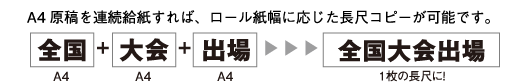 A4原稿を連続給紙すれば、ロール紙幅に応じた長尺コピーが可能です。