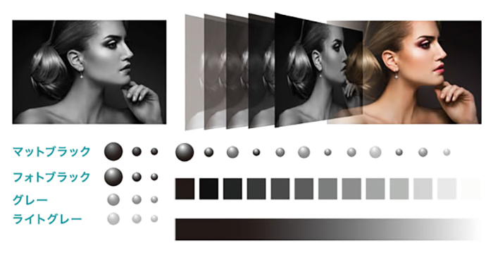 マットブラック、フォトブラック、グレー、ライトグレーの階調イメージ