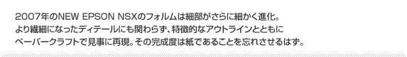 一般から公募されたカラーリングコンテストで最優秀となった作品を元にデザインされた2008年のNEW EPSON NSXペーパークラフト。一新されたフロントマスクは、戦闘力溢れるスパルタンな雰囲気をより強めたイメージ。