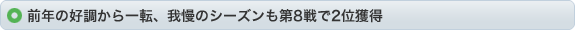 前年の好調から一転、我慢のシーズンも第8戦で2位獲得