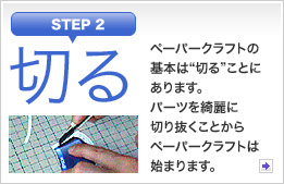 切る：ペーパークラフトの基本は“切る”ことにあります。パーツを綺麗に切り抜くことからペーパークラフトは始まります。