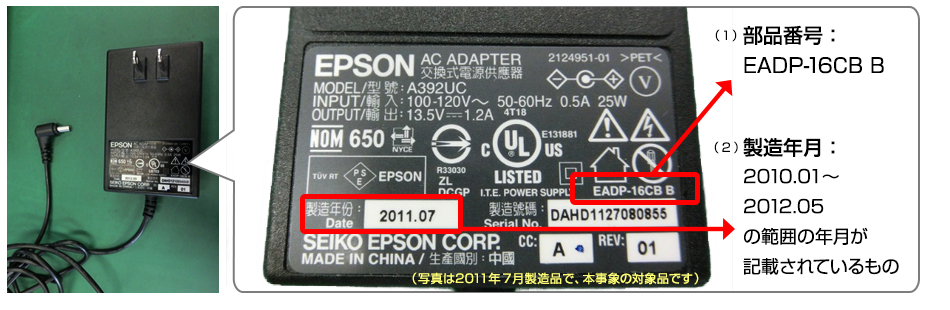 (1)部品番号：EADP-16CB B,(2)製造年月：2010.01～2012.05の範囲の年月が記載されているもの（写真は2011年7月製造品で、本事象の対象品です）